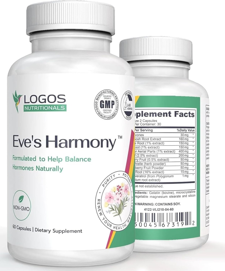 Ève's Harmony Ménopause Supplément, Hormone Support pour les femmes avec des isoflavones de soja, Black Cohosh & Red Raspberry, non-OGM Natural PMS & Ménopausal Symptom Support, 60 Capsules