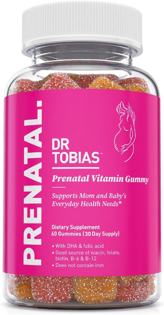 Dr Tobias Vitamine prénatale Gummy, Vitamines prénatales sans fer avec ADH et acide folique, Niacine, Biotine, B6, et B12, Comprend l'huile de poisson, pour le soutien pré et postnatal, 60 Gummies, 30 portions
