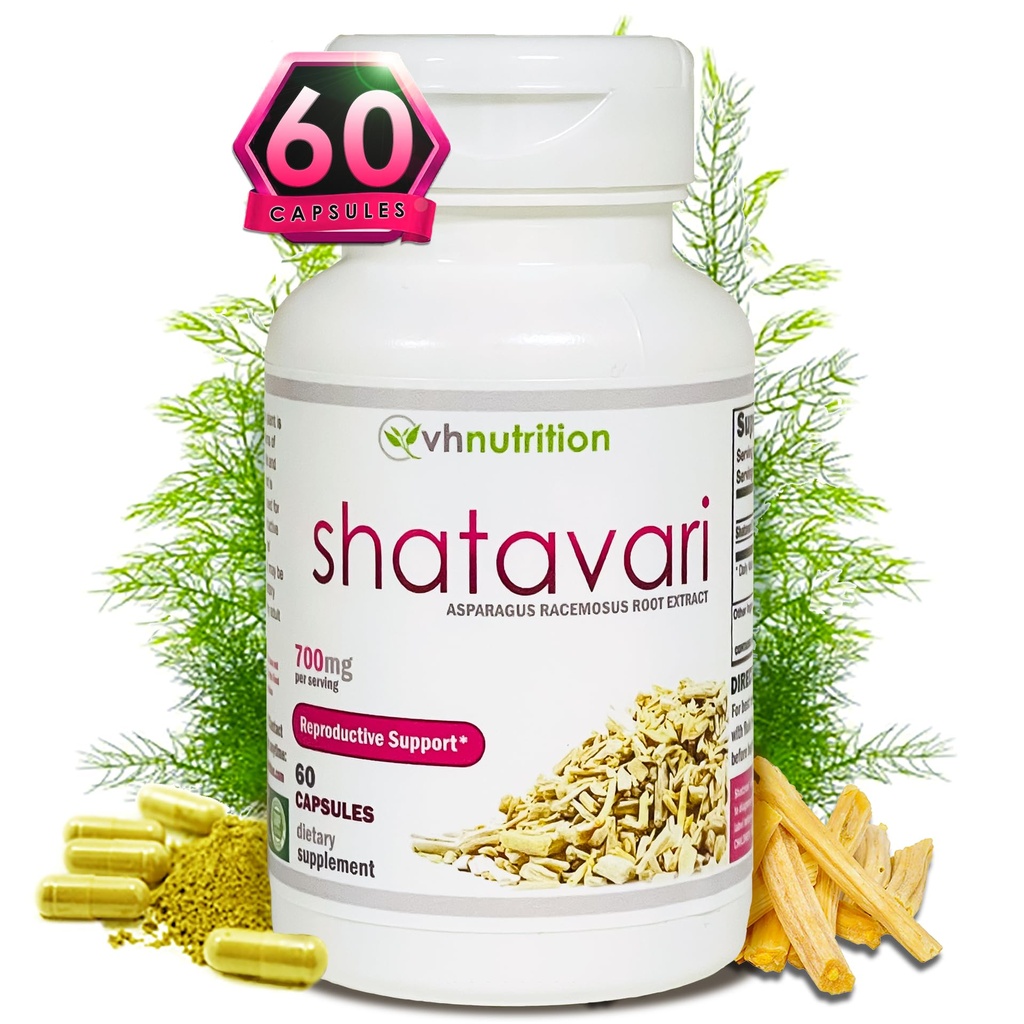 VH Nutrition SHATAVARI $ 700mg Asperges Racemosus Extract $ Vitalité féminine* et rajeunissement* $ Équilibre naturel des estrogènes* $ soutient la santé hormonale et le bien-être global $ 60 Capsules