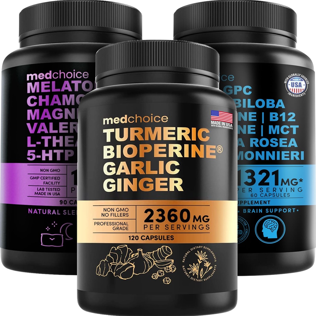MEDCHOICE Turmeric & Ginger (120ct), Sleep Melatonine (90ct) et Cerveau Nootropique (60ct) Supplément Ensemble - Wellness Trio pour le cerveau, le sommeil, et le soutien immunitaire - Vegan, non-OGM, sans gluten