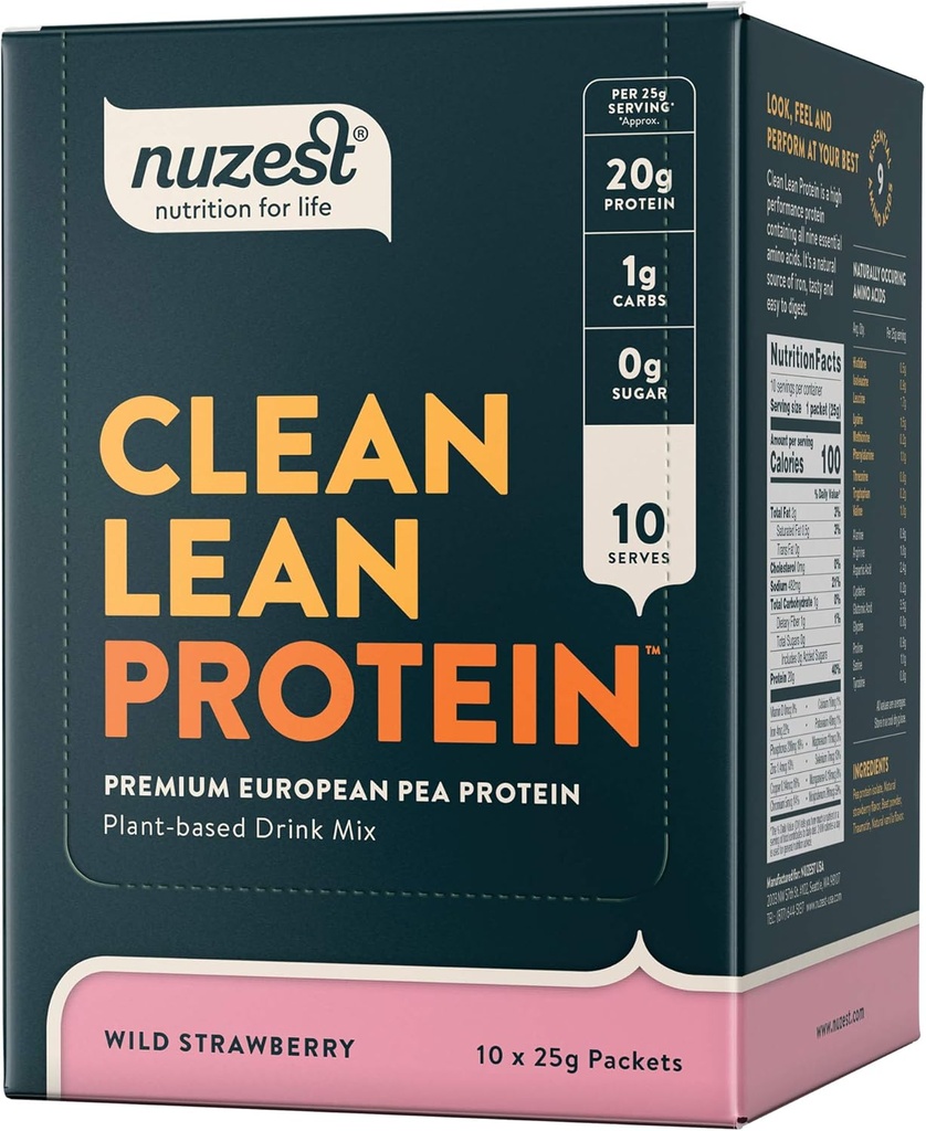 Nuzest - Poudre de protéines de pois - Protéines propres, Poudre de protéines à base de plantes végétales premium, Sans lait, Sans gluten, Sans OGM, Agrouillage de protéines, Fraise sauvage, 0,9 oz, (paquet de 10)