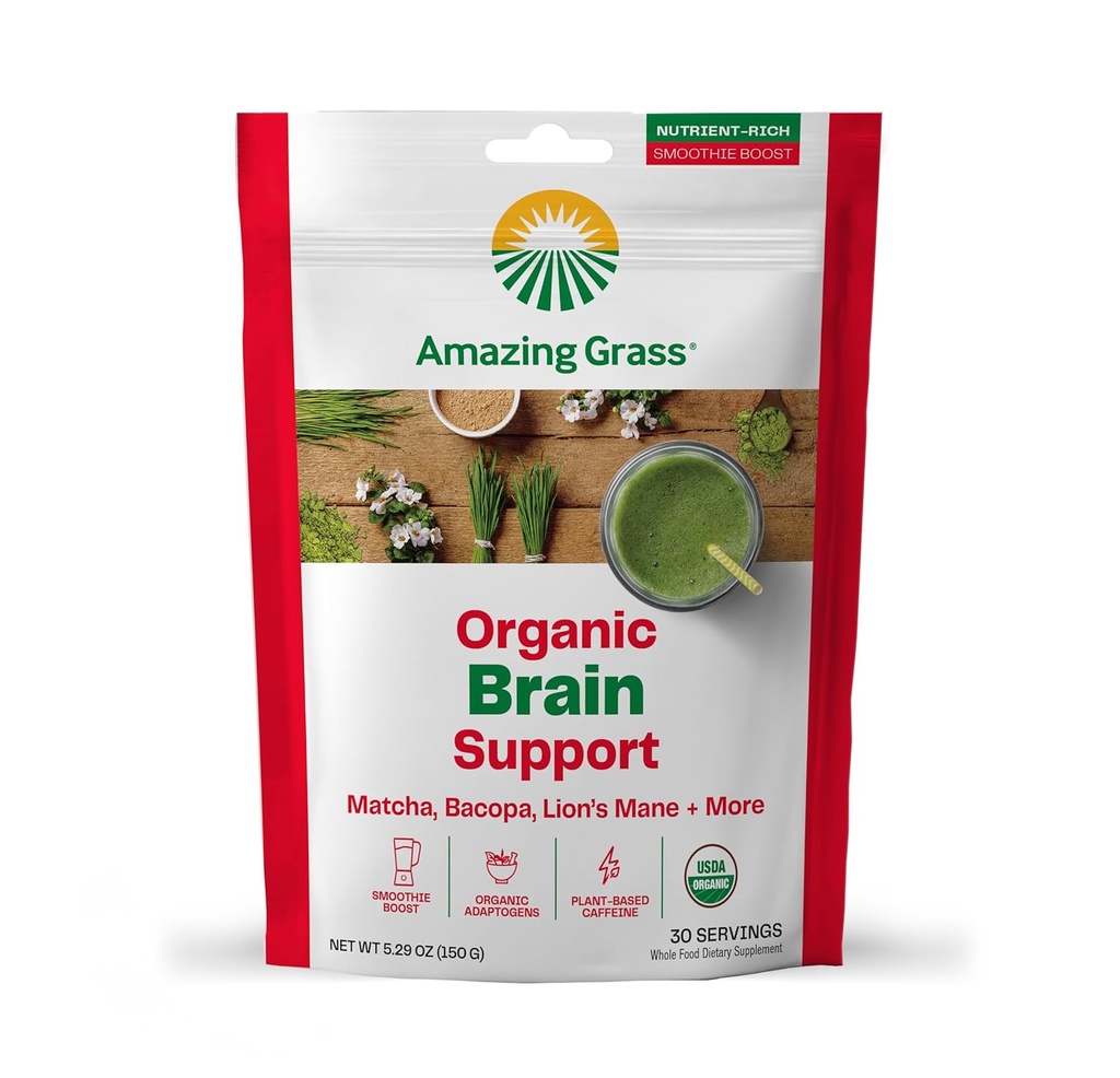 Amazing Grass Matcha Powder for Brain Support & Energy – Green Tea Blend with Lion’s Mane and Superfoods – Plant-Based, No Sugar, Smoothie or Latte Mix for Focus – 30 Servings