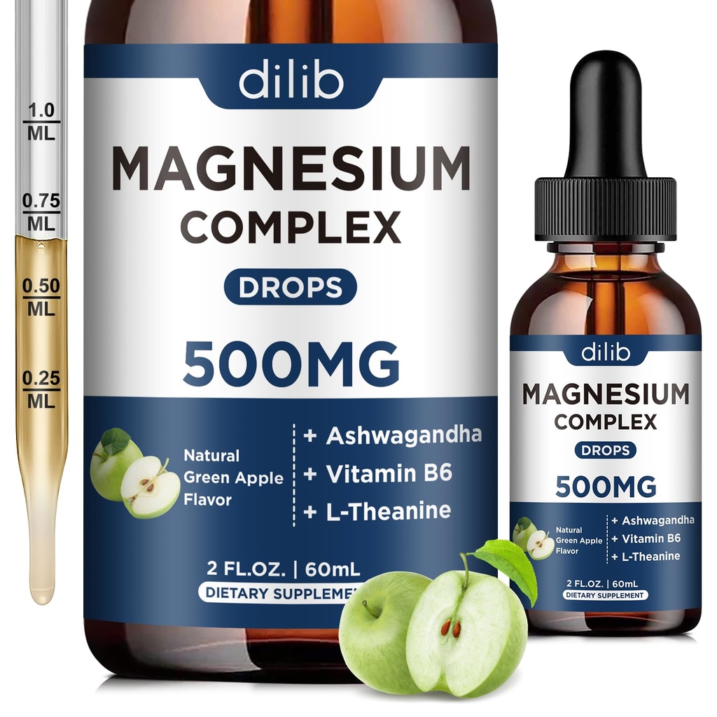 Supplément triple complexe Magnésium-Magnésium Glycinate, Citrate, Malate Liquid Drops 500mg avec Ashwagandha, L-Theanine, B6 pour le calme, le soulagement du stress, le sommeil, le soutien musculaire-arôme vert pomme