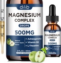 Supplément triple complexe Magnésium-Magnésium Glycinate, Citrate, Malate Liquid Drops 500mg avec Ashwagandha, L-Theanine, B6 pour le calme, le soulagement du stress, le sommeil, le soutien musculaire-arôme vert pomme