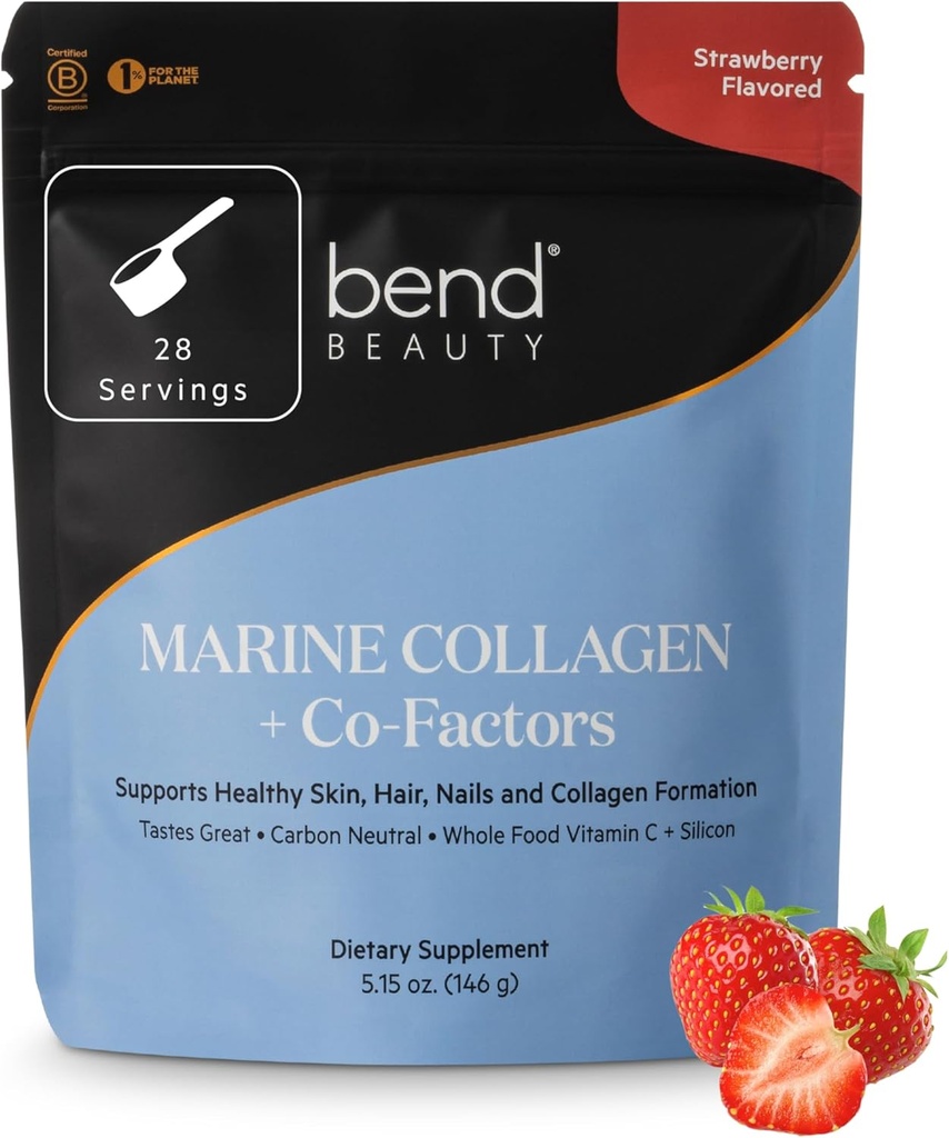 Bend Beauté Marine Collagène + Co-Facteurs , Poudre de collagène aromatisée aux fraises , Supplément de collagène hydrolysé , Peptides de collagène de poisson + Silicone + Vitamine C , soutient la peau, les cheveux et les ongles sains