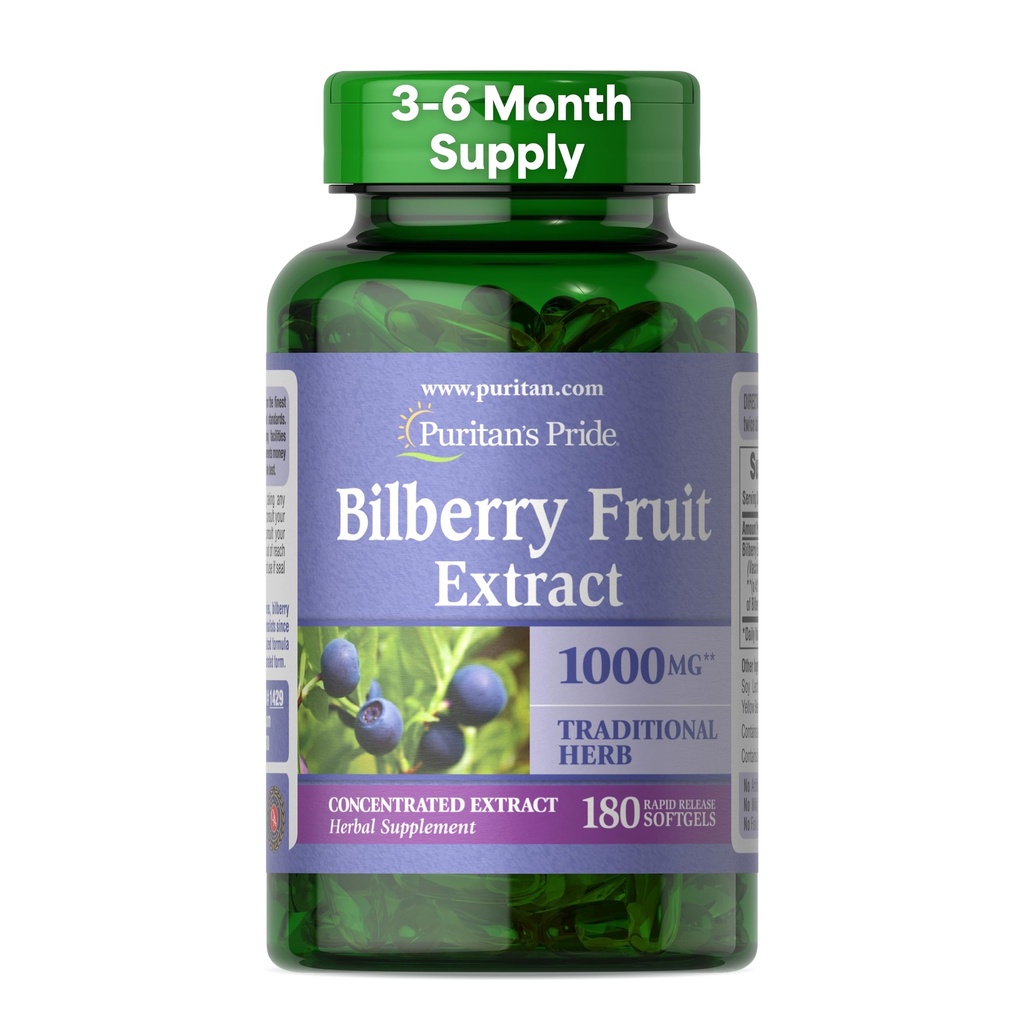 Puritan's Pride Premium Bilberry Fruit Extract 250 mg (équivalent de 1000mg), 4:1 supplément concentré à base de plantes, vitamine C, 3 à 6 mois d'approvisionnement, 180 softgels à libération rapide (paquetage mai vary)