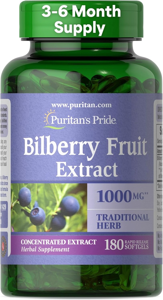 Puritan's Pride Premium Bilberry Fruit Extract 250 mg (équivalent de 1000mg), 4:1 supplément concentré à base de plantes, vitamine C, 3 à 6 mois d'approvisionnement, 180 softgels à libération rapide (paquetage mai vary)