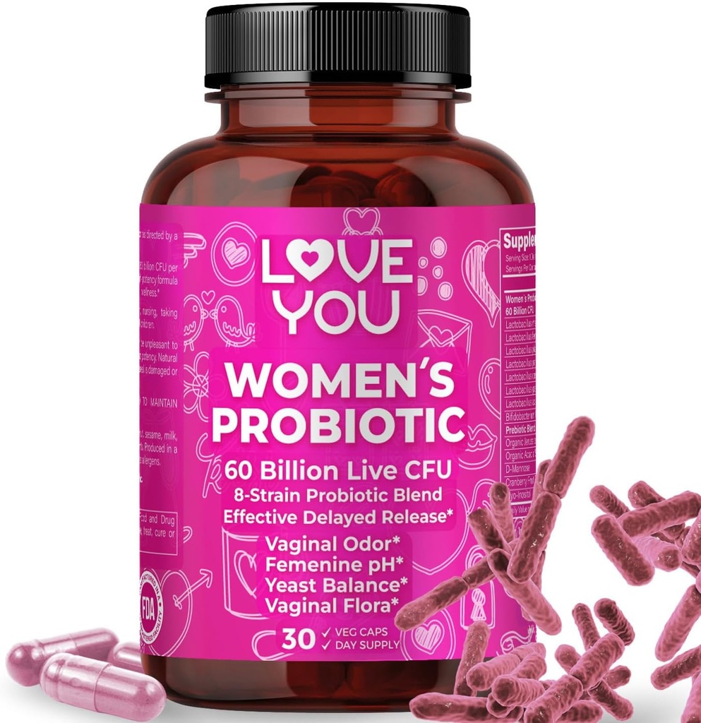 Love You Womens Probiotic, Ph Balance, Ut, Féminine, Supplément de santé vaginale, Digestive, Pré + Pro + Postbiotique, Libération retardée, 60 milliards de CFU vivants, 8-Strain Probiotic Blend, 30 Veg Caps portions