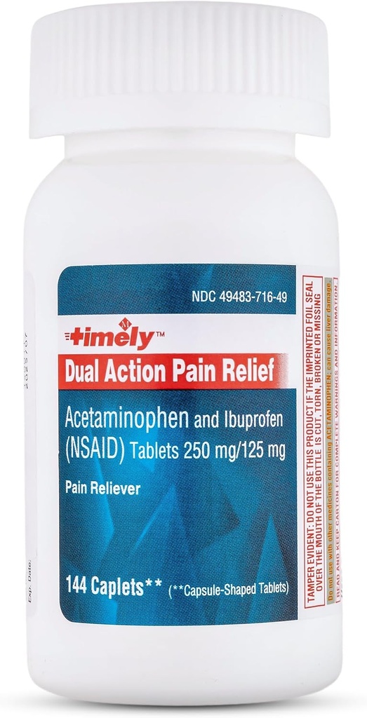 Dual Action acétaminophène 250 mg et Ibuprofène 125 mg – Relievers de douleur générique, Réducteur de fièvre, soulagement des maux de tête, douleurs menstruelles, douleurs dentaires, douleurs musculaires, arthrite, soulagement de la douleur - 144 Compte