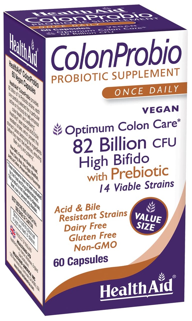 HealthAid ColonProbio 82 milliards avec prébiotique, 14 souches, une fois par jour, 60ct, soin optimal des colonies, acide et résistant à la bile, sans lait, sans gluten, sans OGM, bifido élevé