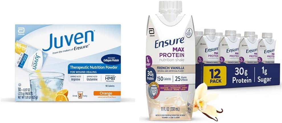 Juven Therapeutic Nutrition Drink Mix Powder for Wound Healing, 30 Count + Ensure Max Protein Nutrition Shake, French Vanilla, 12 Pack