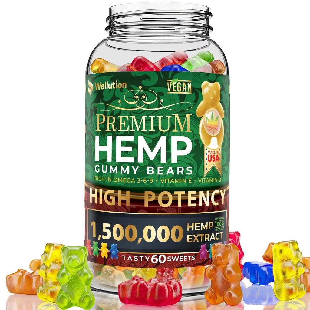 WELLUTION Gommies de chanvre – Haute puissance 1 500 000 MCG – Ours naturel fruité pour la détente et la paix - Agissant rapidement - 60ct
