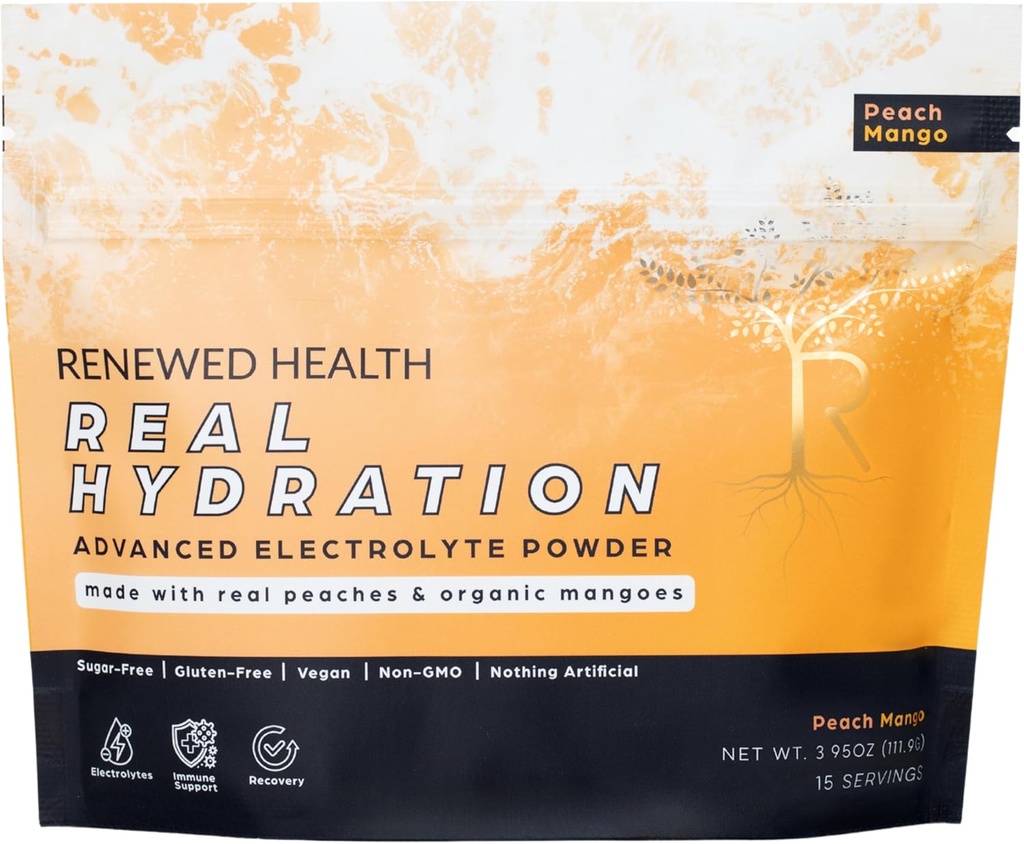 Real Hydration - Organic Fruit-Based Electrolyte Mix - Made with Organic Fruits & Pink Salt - Zero Sugar & Vegan - Hydration, Immune & Recovery Support (15 Servings, Peach Mango)