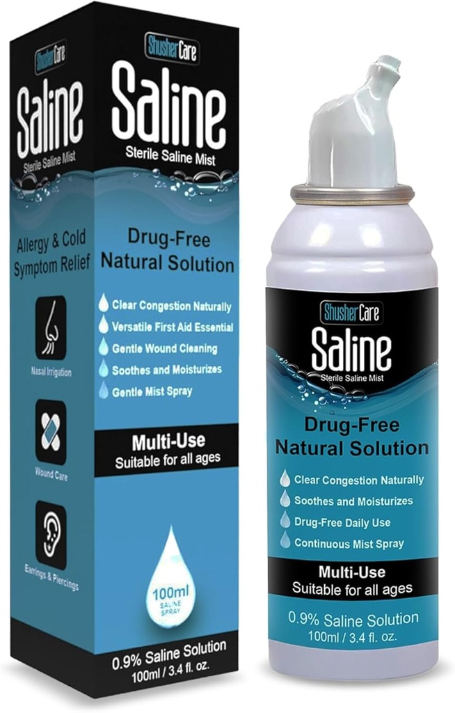 Saline Spray for Nose - Nasal Spray Saline Solution for Newborn, Baby & Adults, Salt Water Decongestant Mist for Stuffy Nose, Travel Friendly, Natural, 0.9% Saline - 100 ml (3.4 fl oz)