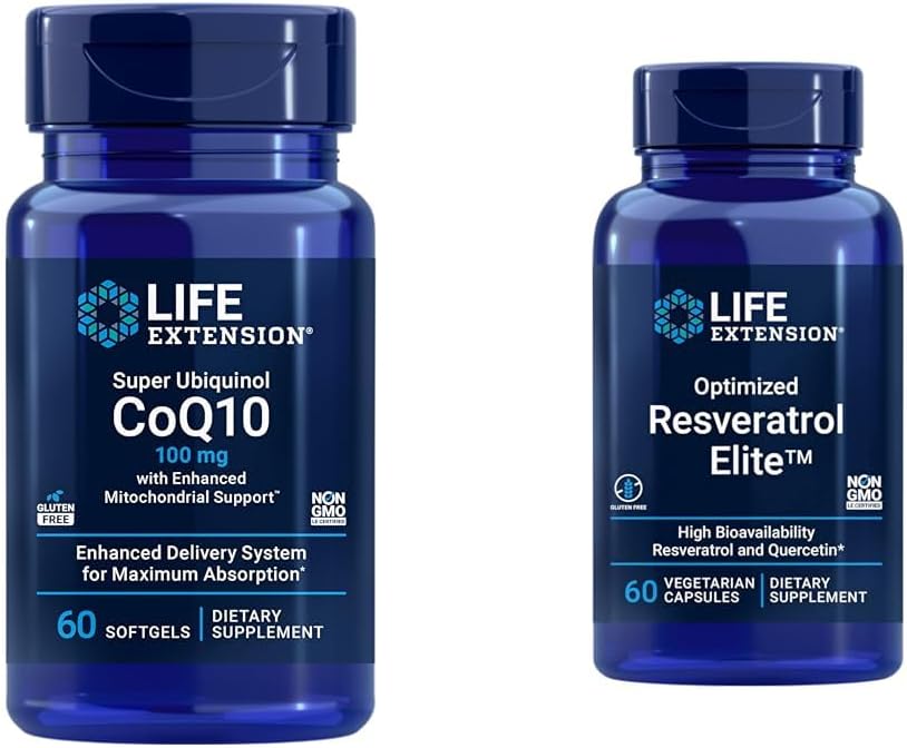 Extension de vie Super Ubiquinol CoQ10 60 Softgels et le Resveratrol optimisé Elite 60 Capsules végétariennes Bundle