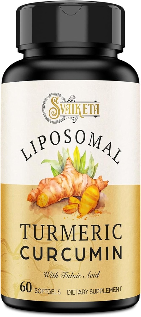 Supplément curcumine curcuma liposomique 2000mg, 95% Extrait curcuminoïde normalisé et poudre de racine organique avec des fruits de poivre noir Piperine (15mg), 60 softgels