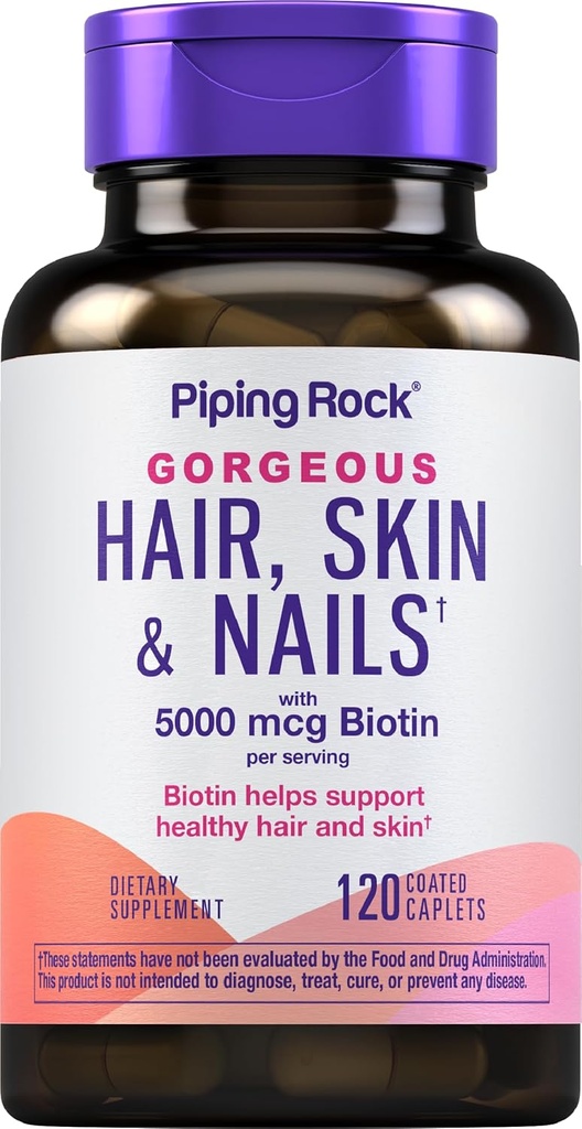 Piping Rock Peau et ongles Vitamines 120 Pills Caplet avec collagène 5000 mcg de Biotin, supplément sans gluten