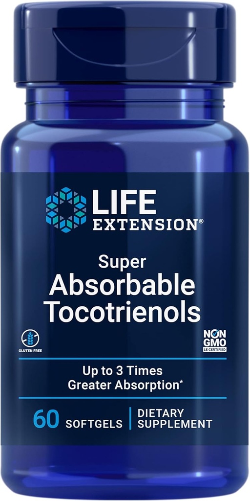 Life Extension Super Absorbable Tocotrienols, Vitamin E as D-Alpha tocopherol, Mixed tocotrienols, Support Hair Growth, Brain Function, Gluten-Free, Non-GMO, 60 softgels