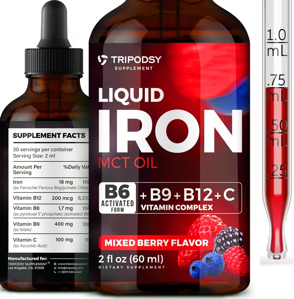 Liquid Iron Supplement for Women and Men - Iron Drops with B6, B9, B12, Vitamin C for Anemia, Blood Builder, Folate for Red Blood Cell and Immune Support MCT Oil (2 Fl Oz, Mixed Berry)