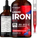 Supplément en fer liquide pour les femmes et les hommes - gouttes de fer avec B6, B9, B12, Vitamine C pour l'anémie, fabricant de sang, folate pour la cellule de sang rouge et immunosupport MCT huile (2 Fl Oz, baie mixte)