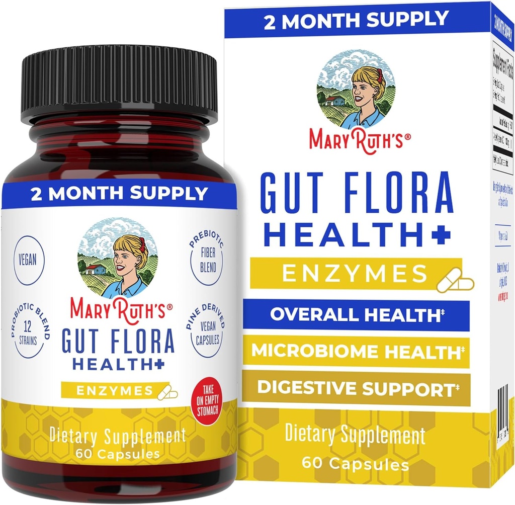 MaryRuth Organics Gut Flora Health+ Enzymes (jusqu'à 2 mois d'approvisionnement) Prébiotique Probiotique Mélange d'enzymes digestives pour un biome de Gut sain et un soutien digestif (60 capsules)