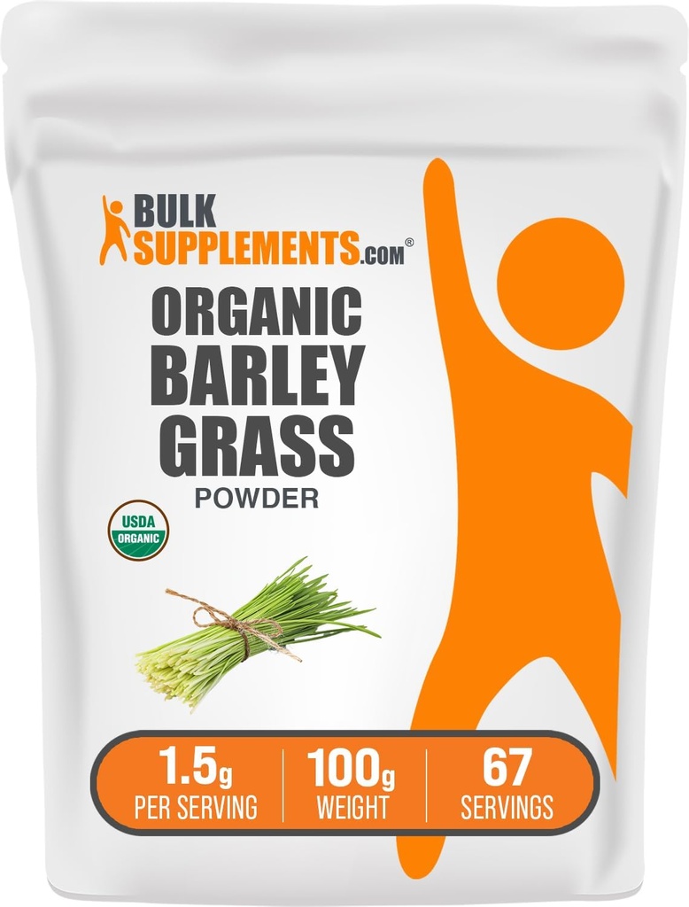 BulkSupplements.com Poudre de graminée d'orge biologique - Poudre de superaliment vert, supplément à base de plantes - Amies des végétaliens, 1,5g par portion, 100g (3.5 oz) (paquet de 1)