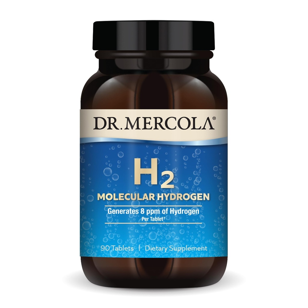 Dr Mercola H2 Hydrogène moléculaire - soutient le vieillissement en santé, l'énergie cellulaire et la santé du cerveau - avec du magnésium élémentaire - sans OGM, sans gluten et sans soja - 90 comprimés (90 portions)