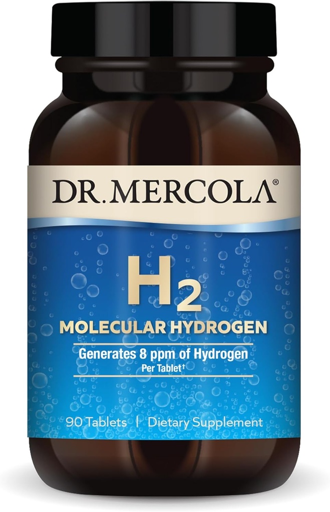 Dr Mercola H2 Hydrogène moléculaire - soutient le vieillissement en santé, l'énergie cellulaire et la santé du cerveau - avec du magnésium élémentaire - sans OGM, sans gluten et sans soja - 90 comprimés (90 portions)
