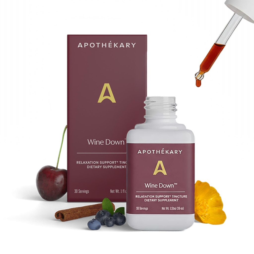 Apothékary Wine Down, aide naturelle au sommeil et à la détente, gouttes liquides à base de vin rouge sans alcool, se compose de Vervain bleu, Tart Cherry et California Poppy, 1 oz, 30 portions