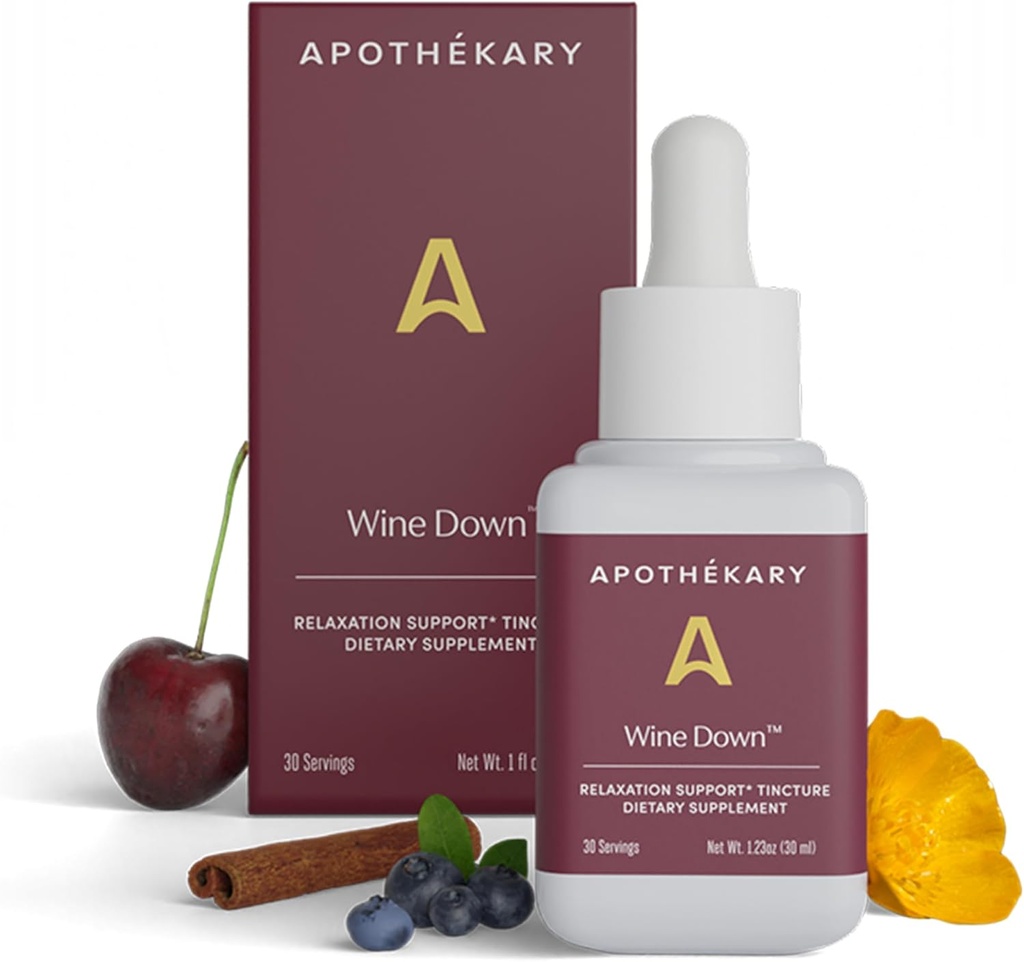 Apothékary Wine Down, aide naturelle au sommeil et à la détente, gouttes liquides à base de vin rouge sans alcool, se compose de Vervain bleu, Tart Cherry et California Poppy, 1 oz, 30 portions