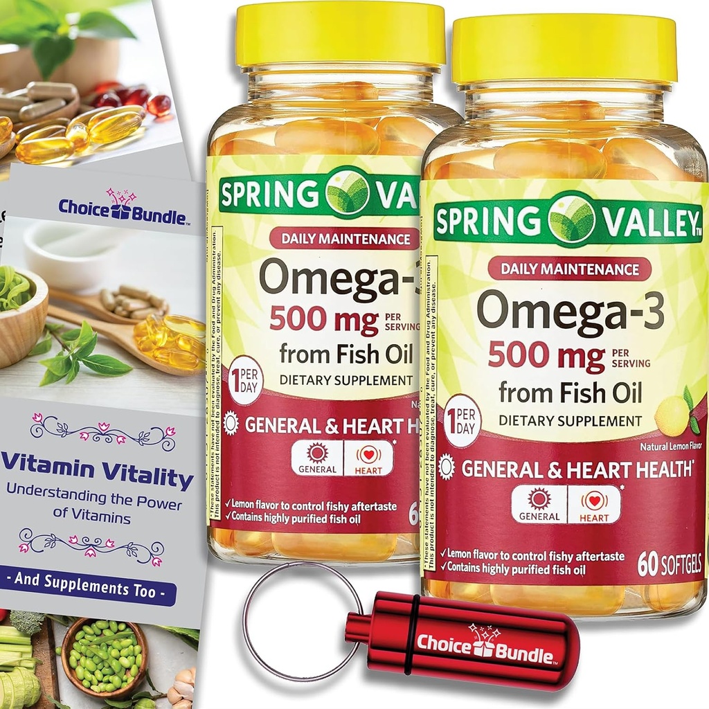 Choice Bundle Spring Valley Fish Oil Omega 3 Fatty Acid Supplement Citron Softgels 500 mg 60 Ct 2 pk (120 Total) + Guide de vitamines et contenant de pilules (4 articles) !