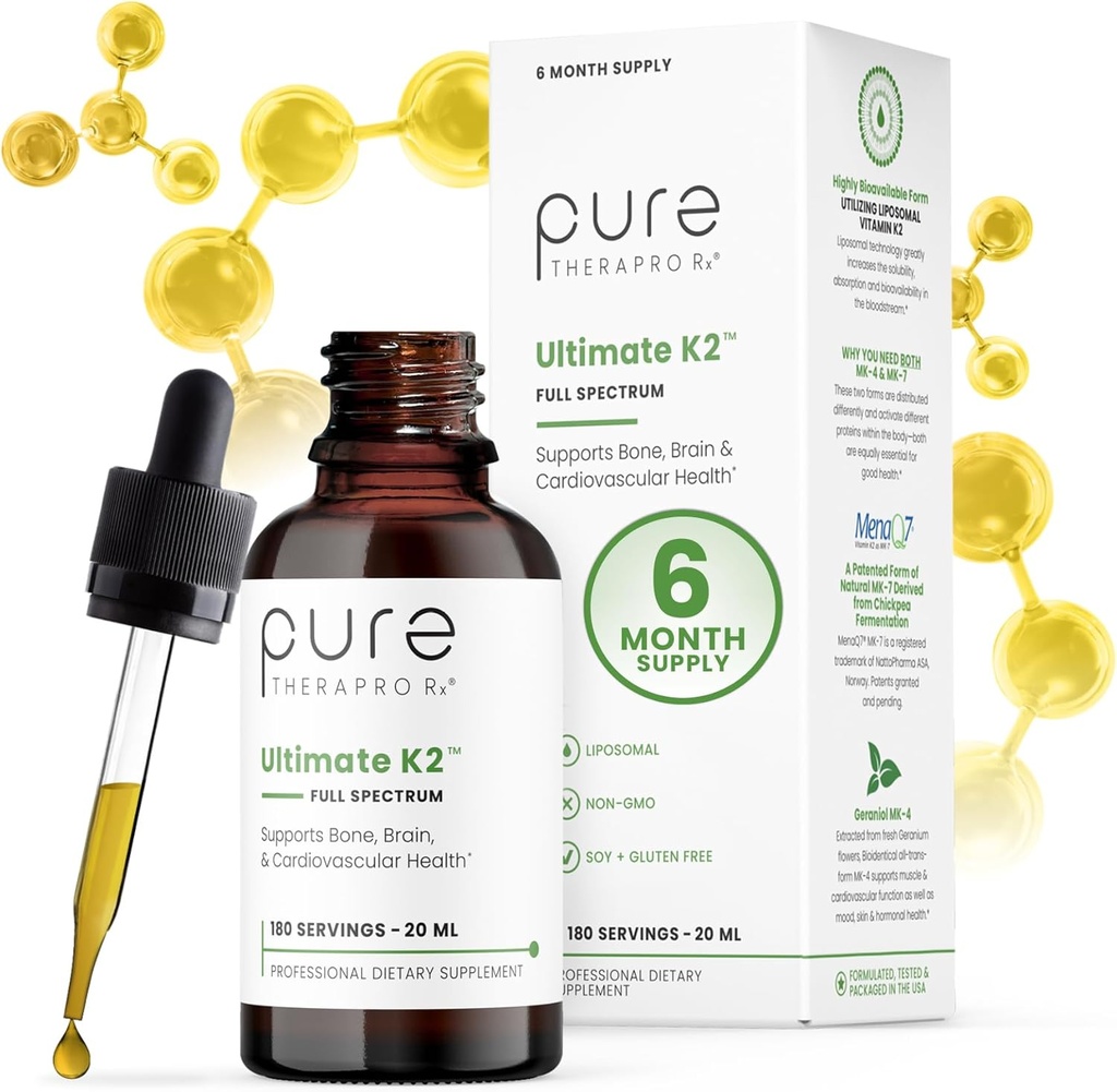 Pure Therapro Rx Ultimate K2 Supplement | Liquid Liposomal Vitamin K2 Drops | 180 Serving | 600mcg Vegan K2 as MK4 & MenaQ7 MK7 | Supports Bone Health, Heart Health, Skin & Hair | 20 mL