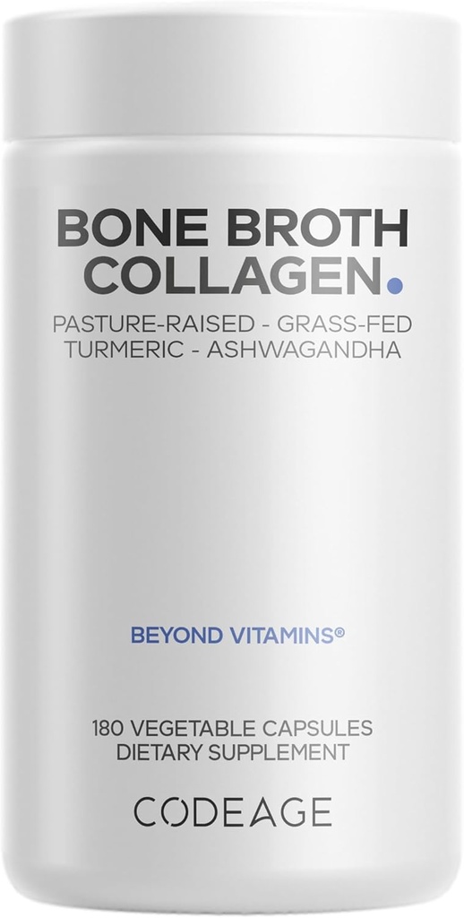 Codeage Bone Broth Organic Collagen Peptides Capsules Supplément, Bone Broth Grass Fed Beef, Poulet à marge libre, Turmeric & Ashwagandha - Collagen Types I, II, III - Non-OGM - 180 capsules