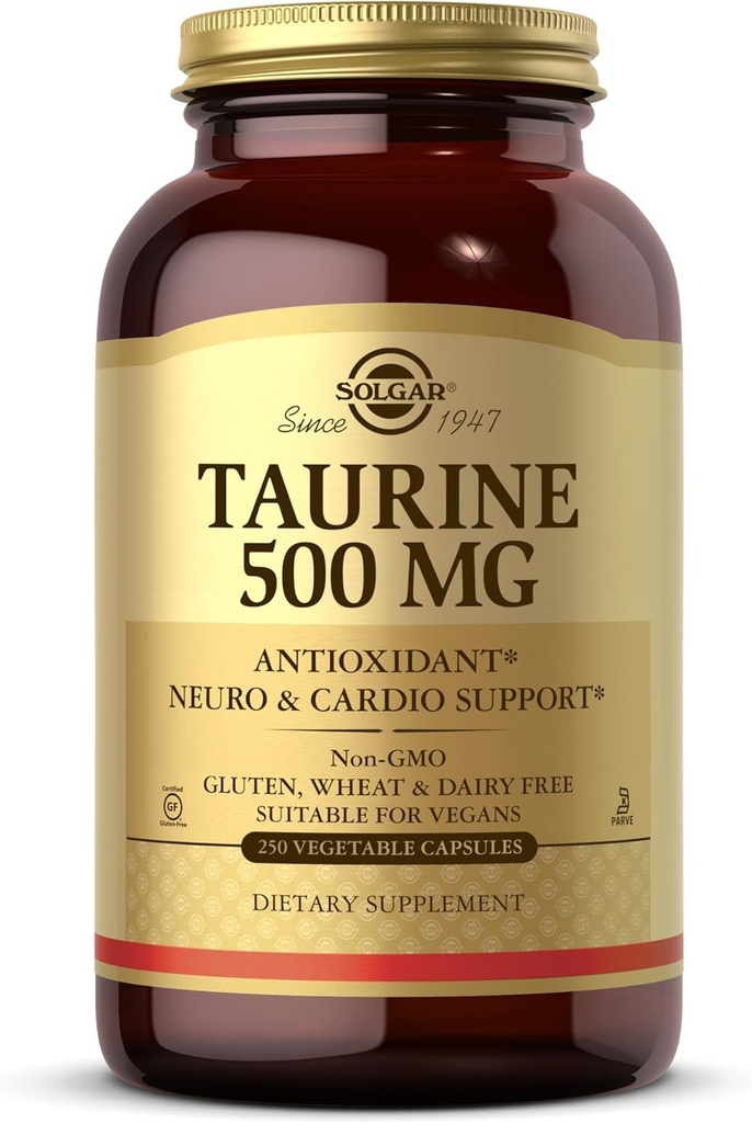 Solgar Taurine 500 mg, 250 capsules végétales - Antioxydant - Santé du cerveau - Acid Amino - Vegan, sans gluten, sans lait, sans casher - 250 portions