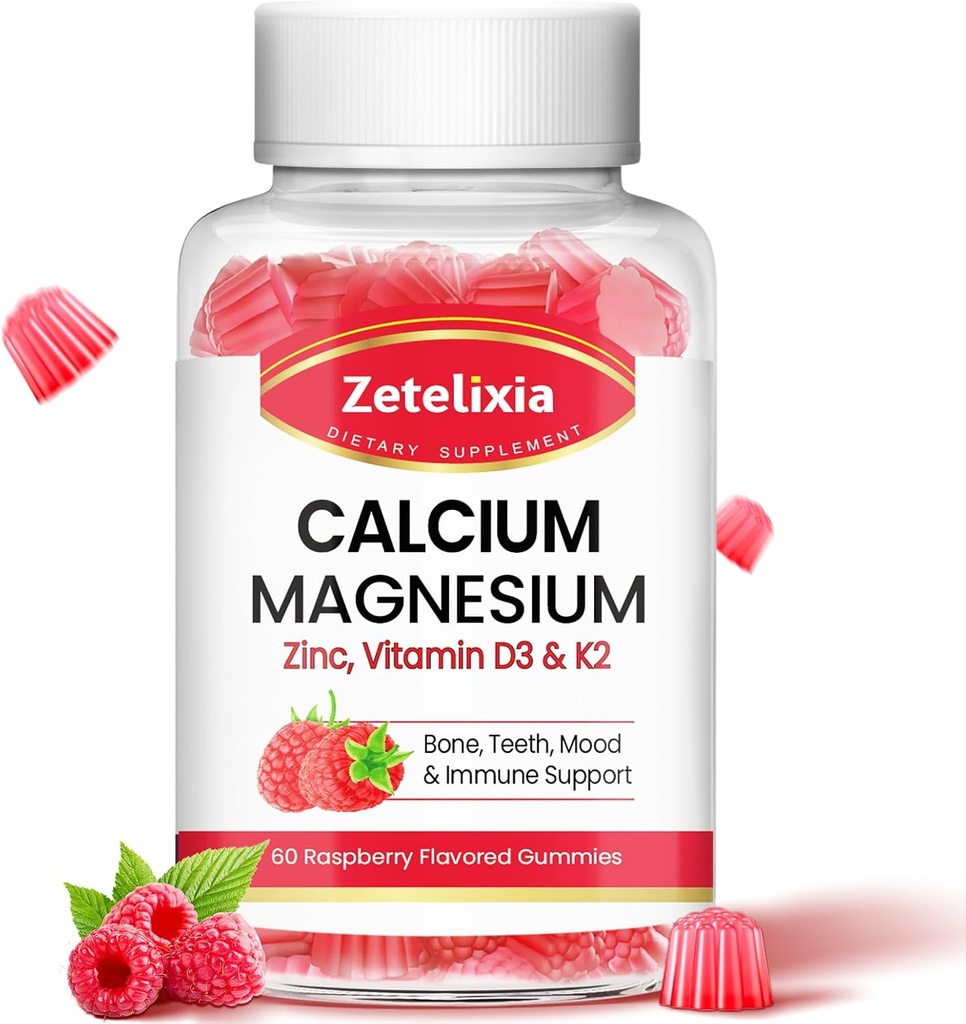 Gommies de zinc de magnésium de calcium avec vitamine D3 et K2, Gommies de calcium pour les muscles de B0nes, les femmes et les hommes, parfum de framboise - 60 Nombre