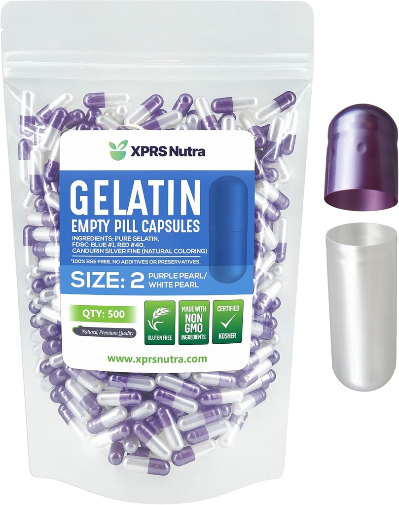 XPRS Nutra Taille 2 Capsules vides - 500 Compte Capsules de gélatine vides - Pills Bricolage Capsule Remplissage - Pure Pilule Gel Caps pour Do-It-Youlf Suppléments (Pearl Purple/White)