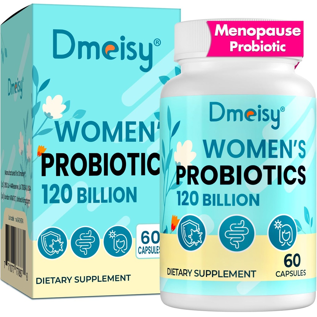 Suppléments de ménopause pour femmes, 120 milliards CFU Probiotics Complex, 13-en-1 Herbes Probiotics Complex, pour le soulagement de la ménopause, l'équilibre hormonal, les éclairs chauds, les sueurs nocturnes, les swings d'humeur, Gut & immunité - 60 Capsule