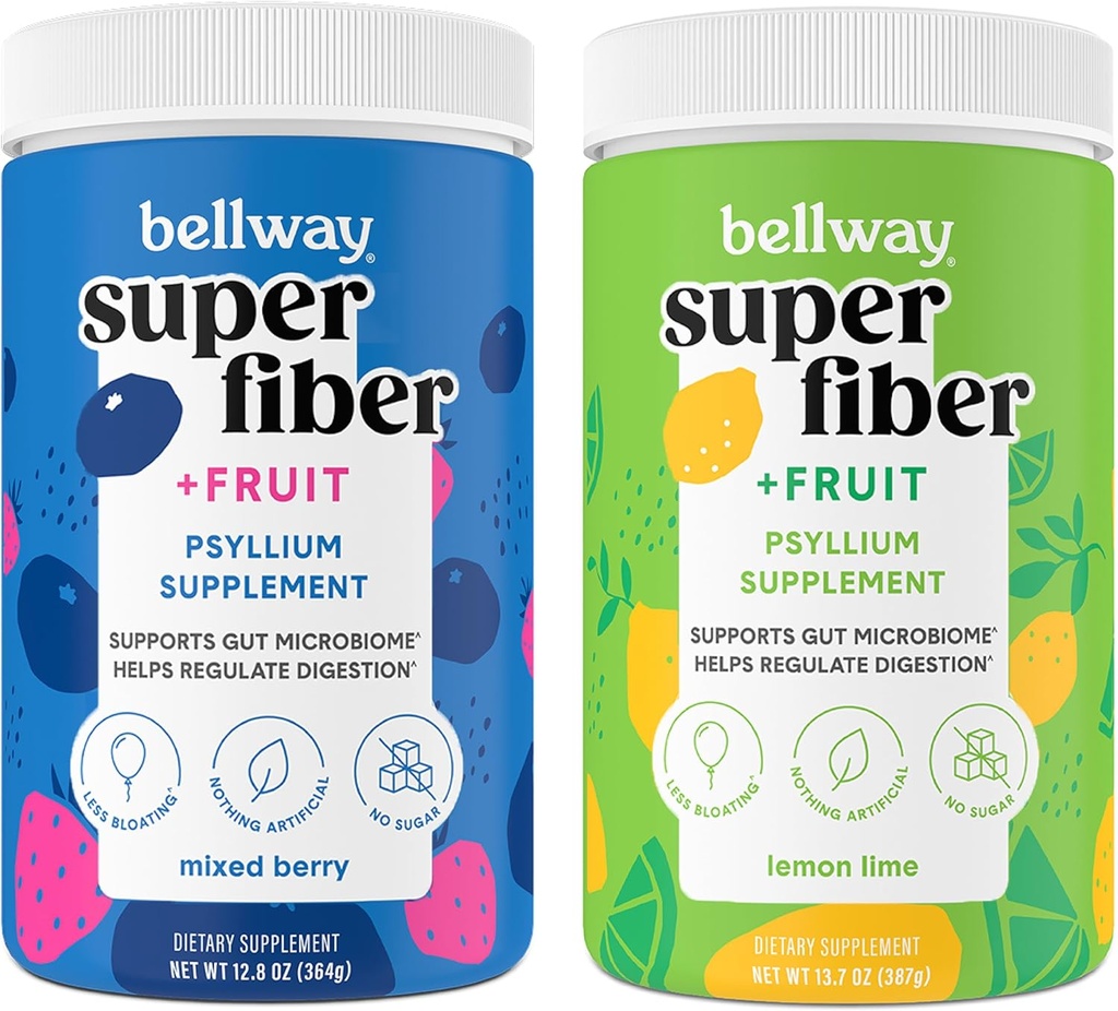 Bellway Super Fiber Powder + Fruit, Sugar Free Organic Psyllium Husk Powder Fiber Supplement for Regularity, Bloating Relief & Gut Health, Non-GMO, Mixed Berry & Lemon Lime