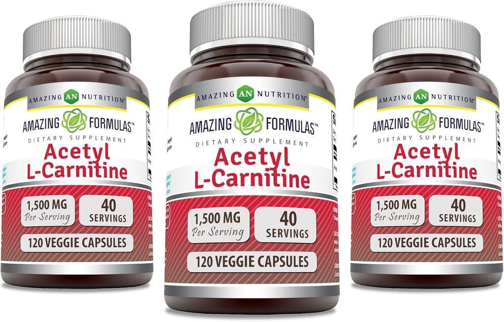 Formules étonnantes Acétyl L-Carnitine 1500 Mg par portion Capsules de légumes Supplément de produits non-OGM (sans gluten) Fabriqués aux États-Unis (120 Nombre)
