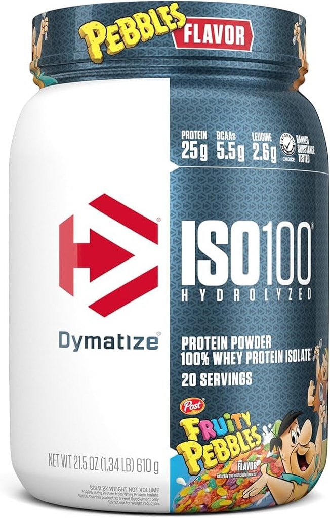 Dymatiser x Poêles fruités ISO100 poudre de protéines de lactosérum, 25g de protéines, 5,5g BCAA, 120 Cal., sans gluten, 1g de gras, 1g de sucre, 2g de glucides (20 portions)