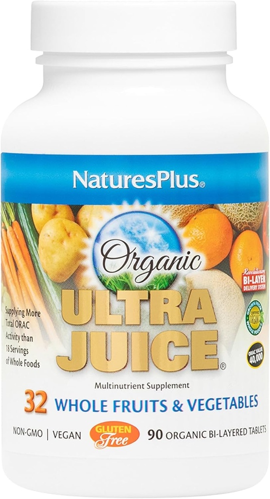 Natures Plus Ultra Juice Multivitamine - 90 Comprimés végétariens bicouches - Complément alimentaire entier - Fruits et légumes entiers, Antioxydant - Non-OGM, Vegan, Organique, Sans gluten - 45 portions