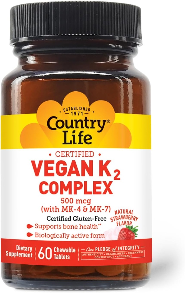 Country Life® Vegan K2-500 mcg, 60 Ct. Comprimés à croquer. Saveur de fraise - Sans gluten certifié - Vegan certifié par AVA – pour soutenir la santé des os