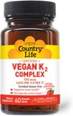 Country Life® Vegan K2-500 mcg, 60 Ct. Comprimés à croquer. Saveur de fraise - Sans gluten certifié - Vegan certifié par AVA – pour soutenir la santé des os