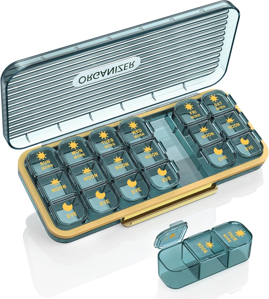 Organisateur de pilules 3 fois par jour, 7 jours Pill Box 3 fois par jour - Acedada Weekly Vitamine Box Organisateur avec 7 contenants séparés, Portable Daily Medicine Planner Case pour supplément d'huile de poisson de vitamine, Bleu