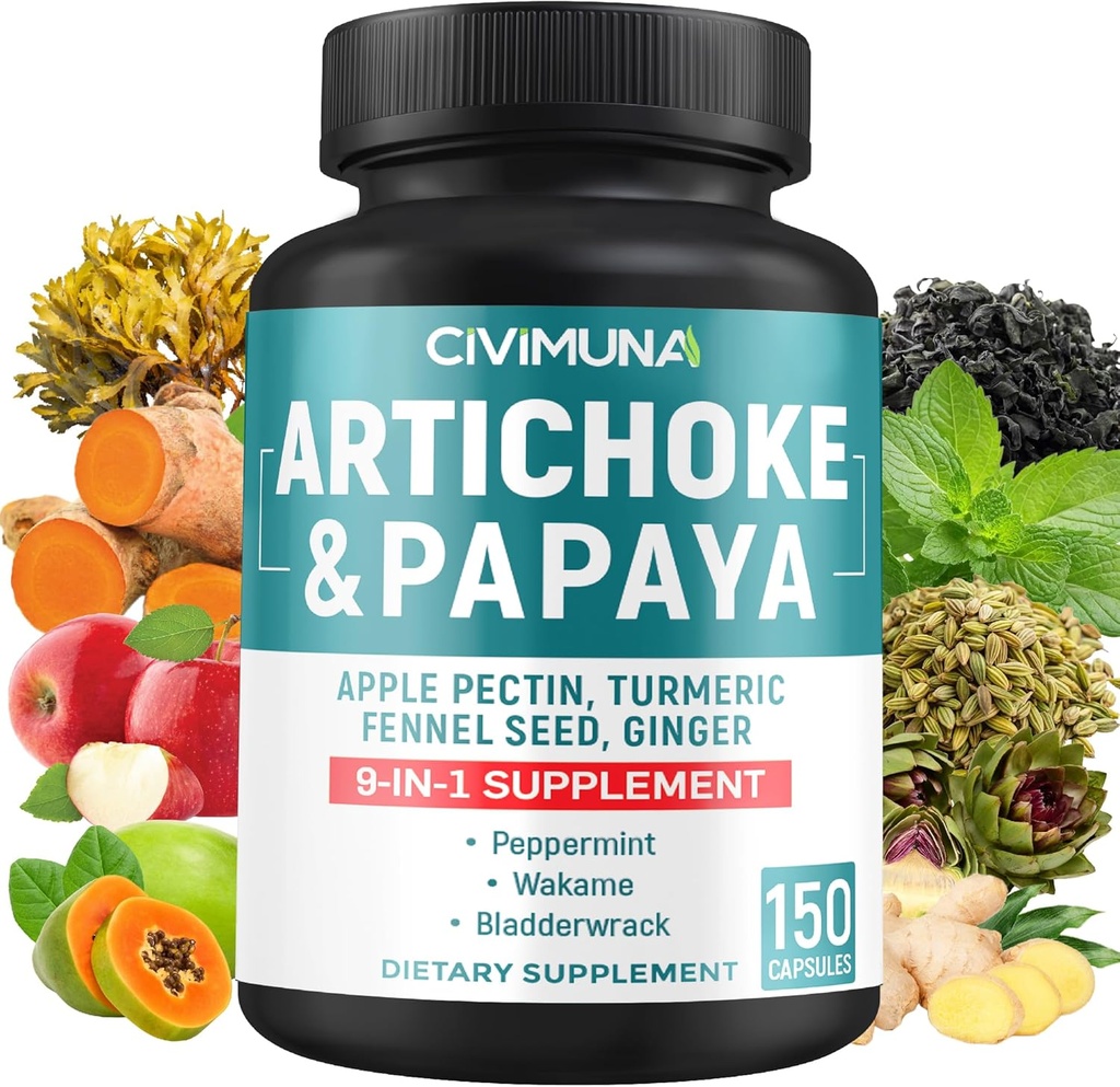 Capsules d'artichaut avec Artichaut, Papaya, Pectine de pomme et plus - 150 Capsules - pendant 5 mois