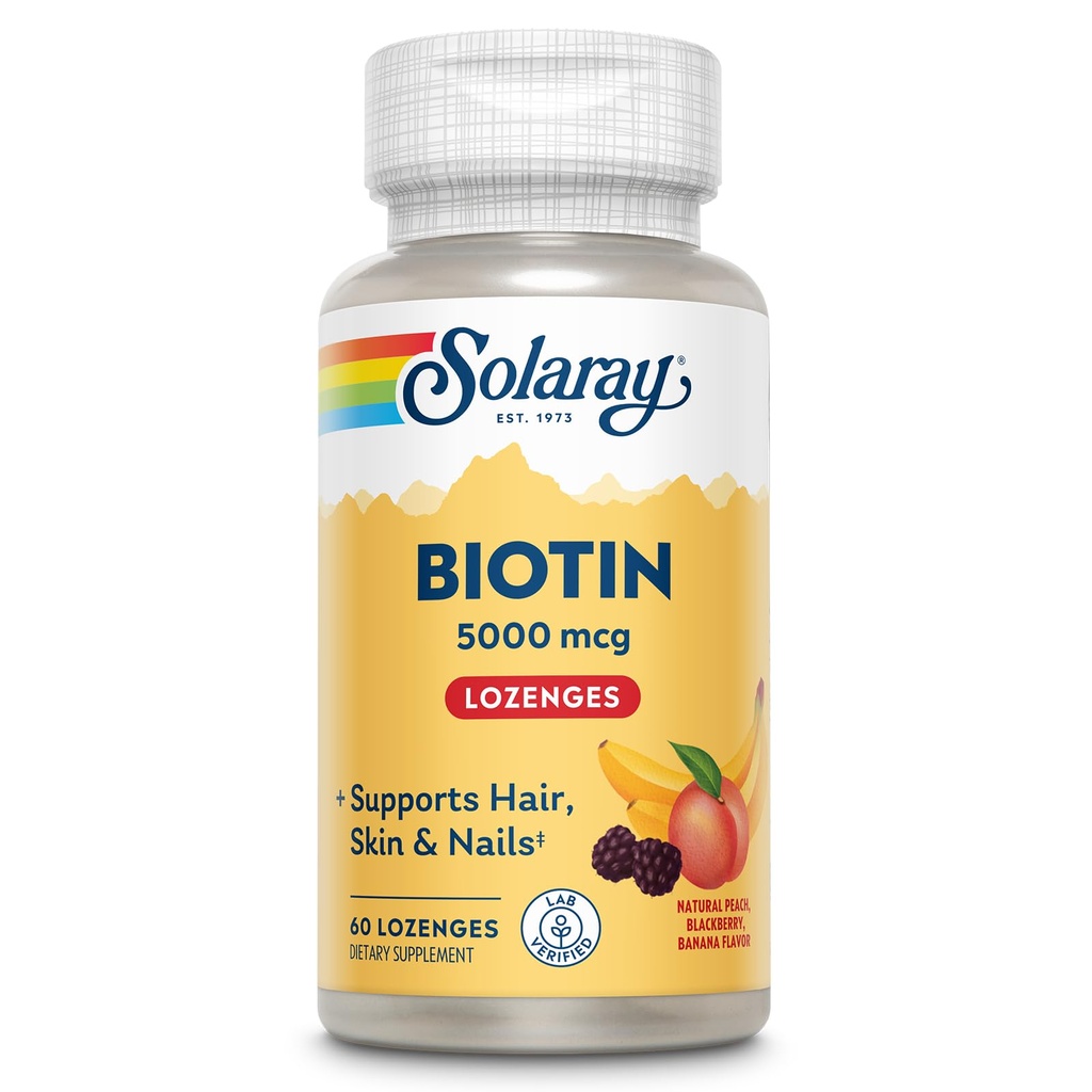 SOLARAY Biotin Supplement 5000 mcg - Pure Biotin 5000mcg for Hair, Skin, and Nails, Hair Vitamin for Women & Men, Vitamin B 7, Natural Peach, Strawberry, & Banana Flavor, Slow Dissolve - 60 Lozenges