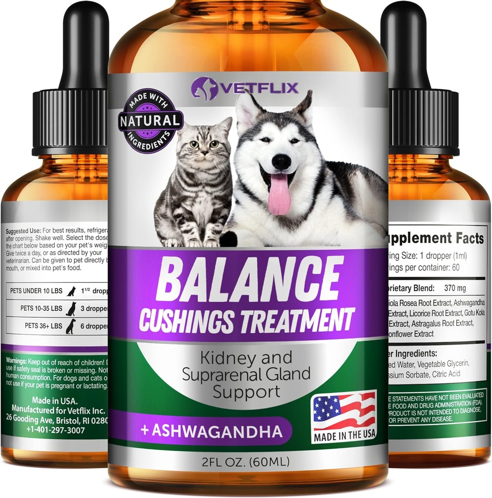 Soutien adrénal pour chiens et chats - Fabriqué aux États-Unis - Traitement de cushings pour chiens - Supplément chat et chien pour soutien au rein - 2 Fl Oz