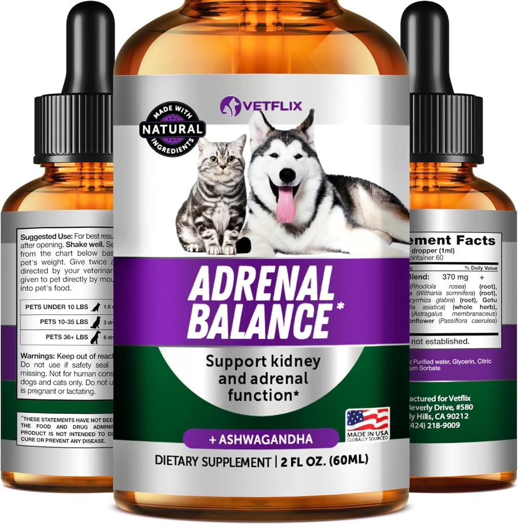 Soutien adrénal pour chiens et chats - Fabriqué aux États-Unis - Traitement de cushings pour chiens - Supplément chat et chien pour soutien au rein - 2 Fl Oz