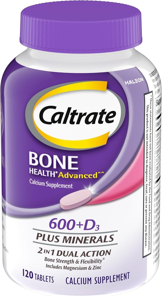 Caltrate 600 Plus D3 Plus Minéraux Calcium et supplément vitamine D Comprimés, os santé et supplément minéral pour adultes - 120 Nombre (Emballage peut varier)