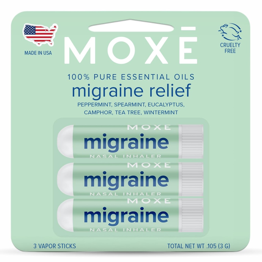 MOXE Relief de la migraine Inhalateurs nasaux, Huiles essentielles pour les maux de tête et le soulagement de la tension, Aromathérapie portable, Facile à utiliser, Pure et non dilué, Menthe poivrée, Spearmint, Eucalyptus, Arbre à thé, États-Unis Fabriqué, 3 Pack